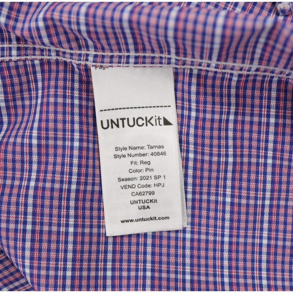 UNTUCKit Tamas Button Down Shirt Men's Medium Pink Blue Plaid Nylon Stretch - Picture 8 of 8
